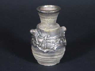 A club shaped Art Pottery vase with mount marked 925, 4 1/2"