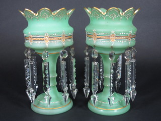 A pair of green glass lustres 11"  ILLUSTRATED
