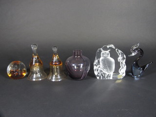 A Mats Jonasson sculpture of an owl 5", a glass paperweight, single flower vase, 2 glass figures of swans and 2 glass handbells