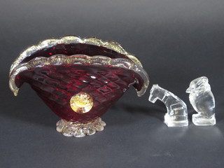 A glass figure of a dog 2 1/2", 1 other owl 2 1/2" and a red fan shaped Venetian glass vase 6"
