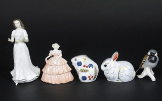 A Royal Doulton figure - Sentiments Greetings HN4250, a  Coalport figure - Minuets Summertime, 2 Royal Crown Derby  figures - Mouse and Rabbit and a Goebel figure of a bird