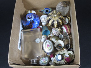 A Murano style perfume bottle and stopper 3", a glass bottle with plated mount 5" and a collection of small trinket boxes etc