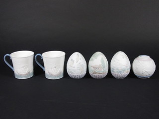 3 Lladro Christmas eggs and 1Christmas ball,  - 1992, 1994, 1995 and 1997 together with a pair of Lladro commemorative tankards