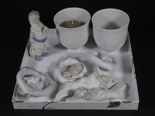 A pair of Lladro lithophane candle holders, 5 Lladro Christmas  tree decorations and a Lladro figure of Father Christmas 5"