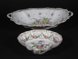 A late Dresden shell shaped dish with floral decoration 7"  together with a ditto boat shaped twin handled dish 14", 1 handle  f,