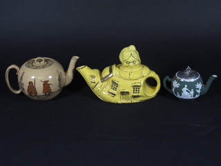 A green Jasperware style teapot 3", a Royal Doulton teapot - The Night Watchman and a yellow glazed teapot - The Old Woman  Who Lived in a Shoe