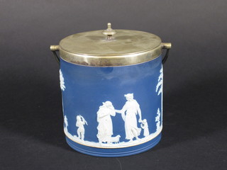 A circular Wedgwood blue Jasperware biscuit barrel with plated mounts