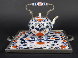 A Derby style porcelain twin handled tray with chrome mounts  38" and a do. teapot