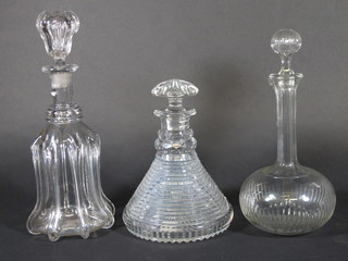 A circular cut glass ships decanter and stopper, a mallet shaped decanter and stopper and a club shaped decanter and stopper