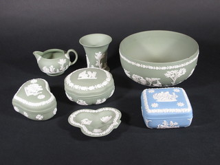 A circular green Jasperware bowl 8", 3 Jasperware jars and covers, do. vase, dish and jug