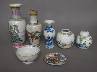 An Oriental club shaped vase 12", 2 Oriental ginger jars and a  small collection of ceramics