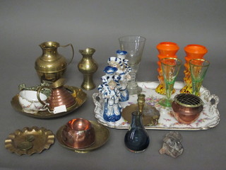 A pair of orange shaped glass vases 7", a porcelain cabaret tray, 3 glasses and a collection of brassware