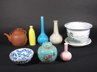 An Oriental club shaped vase 11", a Tanware teapot, an Oriental jardiniere and stand, a ginger jar, a blue and wh ite bowl etc