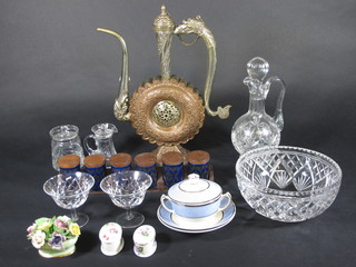 A cut glass ewer and stopper, various cut glass drinking glasses, bowls, a Branksome coffee service, a copper coffee pot, Hornsey  egg cups etc, pottery flower baskets and other decorative items