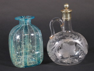 A Murano blue glass club shaped vase 7" and a Continental  etched glass ewer and stopper