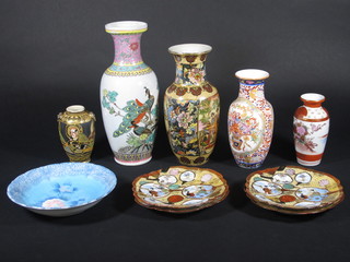 An Oriental style club shaped vase 12", an Imari style vase the base with 6 character mark 8", 3 other Oriental vases etc