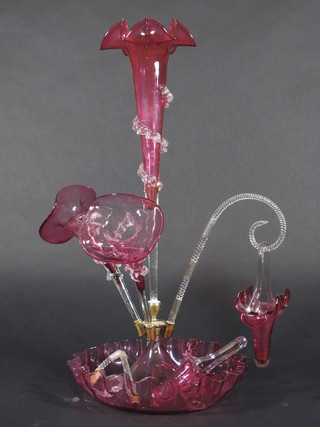 A Victorian cranberry glass epergne 20", chip to base