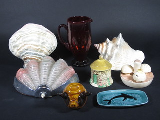 Various Sylvac shell shaped vases, a Carltonware condiment set  in the form of a toadstool, an Art Deco light shade etc