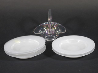 An opalescent glass basket 6" and 6 circular ice dishes 7"