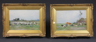 Adrianas Yohanes Groenewegen, pair of watercolour drawings "Flock of Sheep and Milking Time", signed, 8" x 11 1/2"   ILLUSTRATED