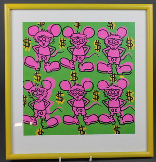 Pop Art, a Jakarta print "Pink Mice with the Green Dollar" 11"  x 11"