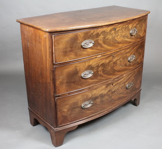 A 19th Century mahogany bow front chest of 3 long drawers  with brass oval plate drop handles, raised on bracket feet 44"