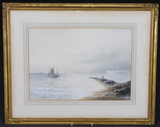 Gustav De Breanski, watercolour drawing "Coastal Scene with Fishing Boats, Figures and Cliffs in Distance" 11" x 15"   ILLUSTRATED