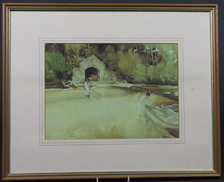 Russell Flint, a coloured print "Two Standing Ladies by a Boat  House with Rowing Boat" 9 1/2" x 13"