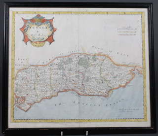 Robert Morden, an 18th Century coloured map of Sussex 14" x  17", crease to centre