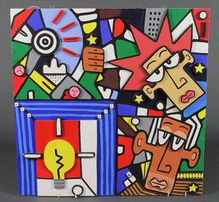 Carl Sandrol 1972 , a 3 dimensional Pop Art wood relief collage "Electric Shock" 24 1/2" x 24"