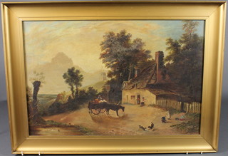 19th Century oil on canvas "Street Scene with Pub, Trap, Figures and Windmill 19 1/2" x 29"