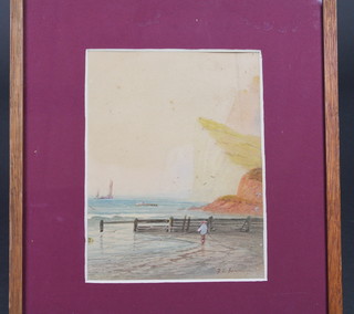 Watercolour drawing "Figure Walking on Beach by Cliffs" 7" x  5 1/2"