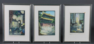 Katharine Jowett, 3 Oriental coloured prints "Lanterns in the  Wind, Temple of Tea and Street Outside Chien Men Peking" 10"  x 6 1/2"