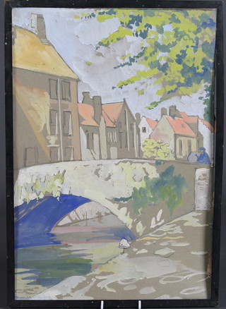 Donald Hughes, 1930's impressionist watercolour drawing "Bridge with Buildings" 17" x 12"