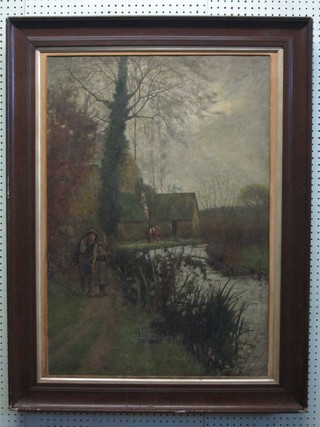 Hughbert G Bell?, oil on canvas "Tow Path with Buildings and  Figures Walking" 35" x 24",