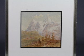 Watercolour drawing "Mountain Scene" marked Eiger Mts  Switzerland From Wengernalp" monogrammed EHH 9" x 9 1/2"