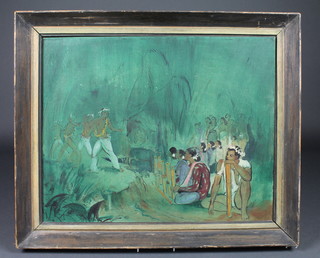 Peter Harris, oil on board "Dance Scene" the reverse with Arts Council of Malaya Picture Exhibition Gallery 1955 label 15 1/2"  x 19 1/2"