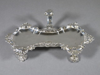 A George II silver snuffer tray with bracketed border, raised on  hoof supports London 1753 by John Cafe, 11 1/2 ozs   ILLUSTRATED