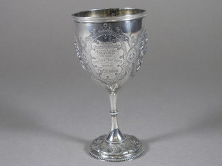 An embossed and engraved Victorian silver trophy in the form of  a goblet, engraved Westminster Rifle Volunteers 13th Company  London 1868 4 ozs  ILLUSTRATED