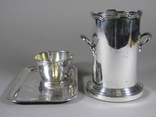 A rectangular engraved silver plated tray 9", a twin handled soda siphon and a silver plated circular dish