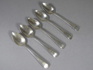 A set of 5 George III silver Old English pattern pudding spoons with bright cut decoration London 1787 by Hester Bateman, 4  1/2 ozs