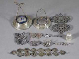 A collection of silver and marcasite items including 2 dressing table stands and a Mispah brooch