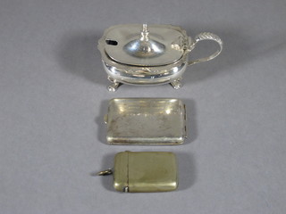 A silver plated match slip, an engraved silver plated vesta case  and a do. mustard pot