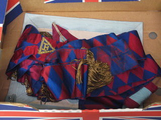 A quantity of various Masonic regalia comprising a Master Mason's apron, a Mark Master Mason's collar and 4 Royal Arch  sashes