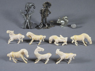 3 metal figures and a collection of carved ivory figures of horses