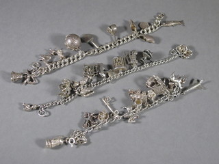 3 silver curb link charm bracelets hung numerous charms