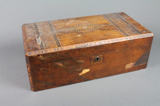 A Victorian rectangular inlaid mahogany writing slope with  hinged lid 20", requires some attention