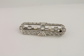 A lady's Art Deco pearl and diamond set brooch, approx weight  of diamonds 0.40ct