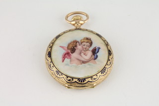 A lady's attractive fob watch contained in a 14ct gold and  enamelled case, decorated sentimental scenes,