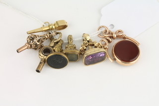 A 9ct gold double seal, 3 other seals and 3 antique watch keys